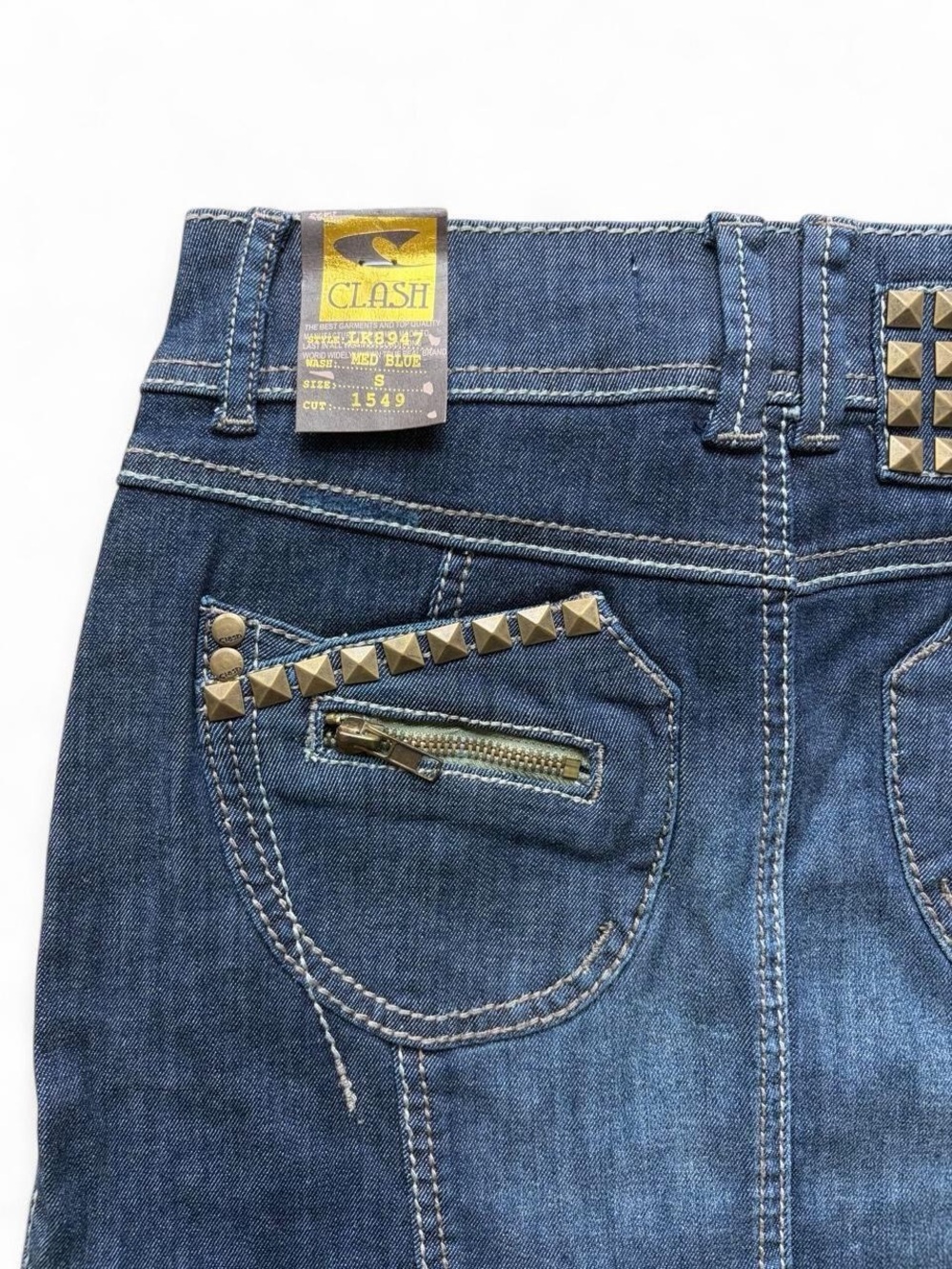 Vintage Y2K studded denim mini skirt zipper rhinestone S like diesel miss sixty - Picture 7 of 11